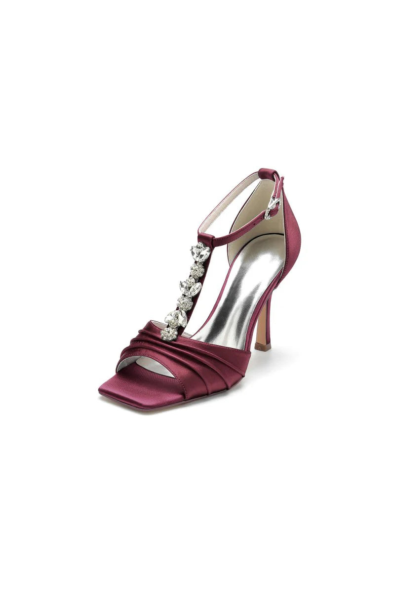 Square Open Toe Ankle Strap Satin Stiletto Heels With Rhinestone Strappy