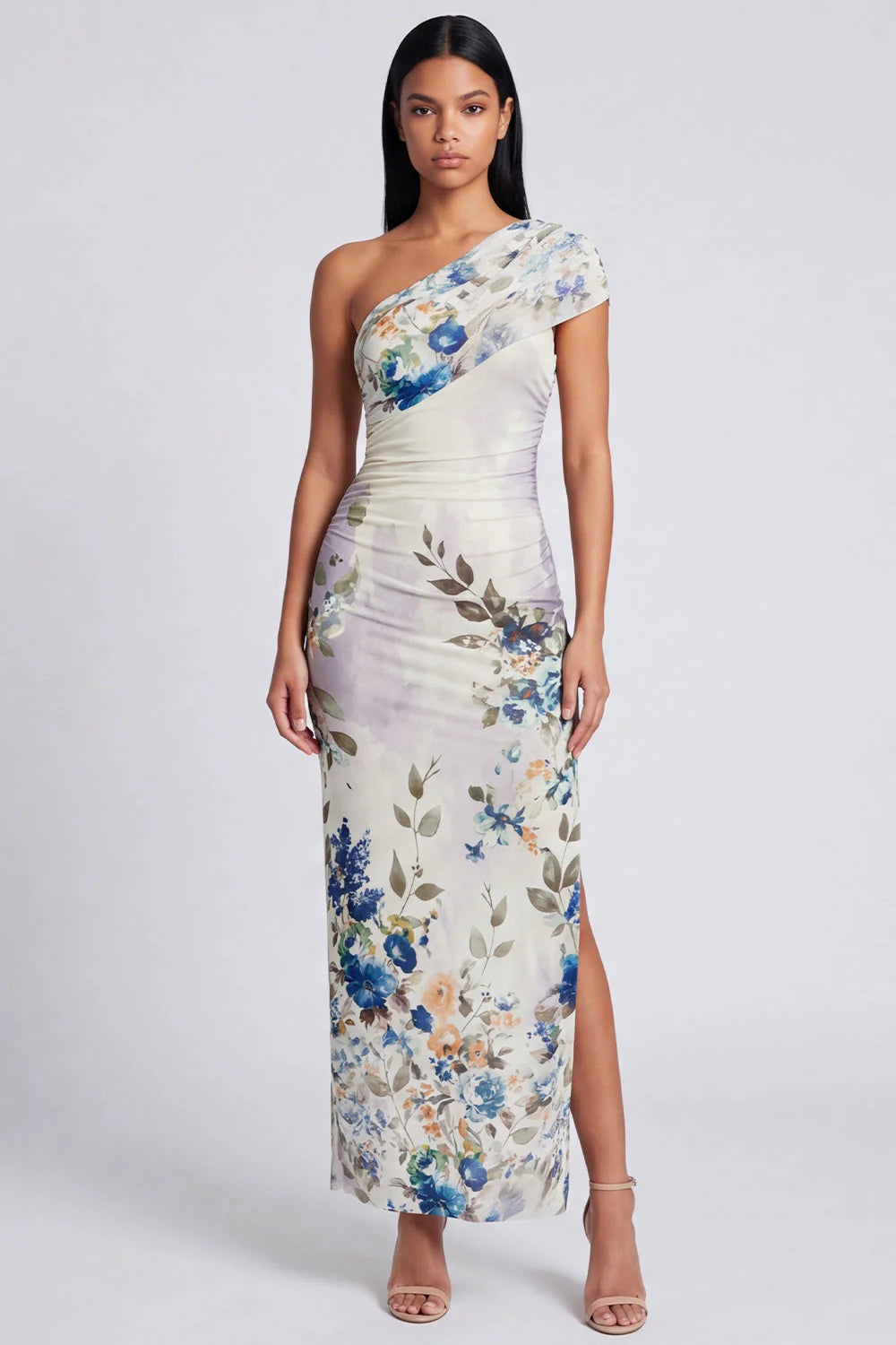 Black One Shoulder Sheath Floral Wedding Guest Dress with Slit
