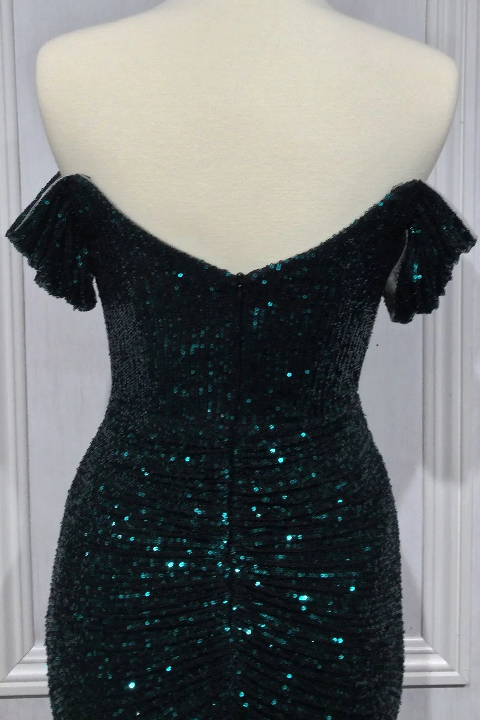 FALLON GOWN OFF THE SHOULDER RUCHED SEQUIN DRESS