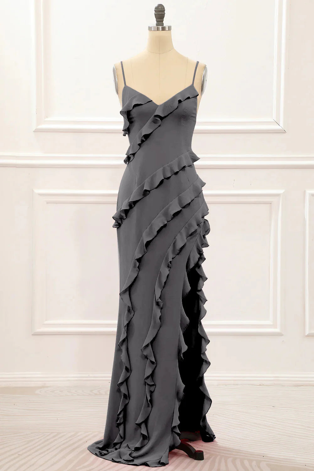 Spaghetti Straps Jade Tiered Mermaid Bridesmaid Dress With Slit