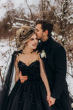 A Line Black Gothic Wedding Dress 3D Flowers Tulle With Cape