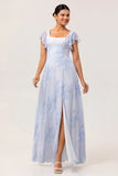 Blue Flower A Line Square Neck Chiffon Flutter Sleeves Long Bridesmaid Dress with Slit