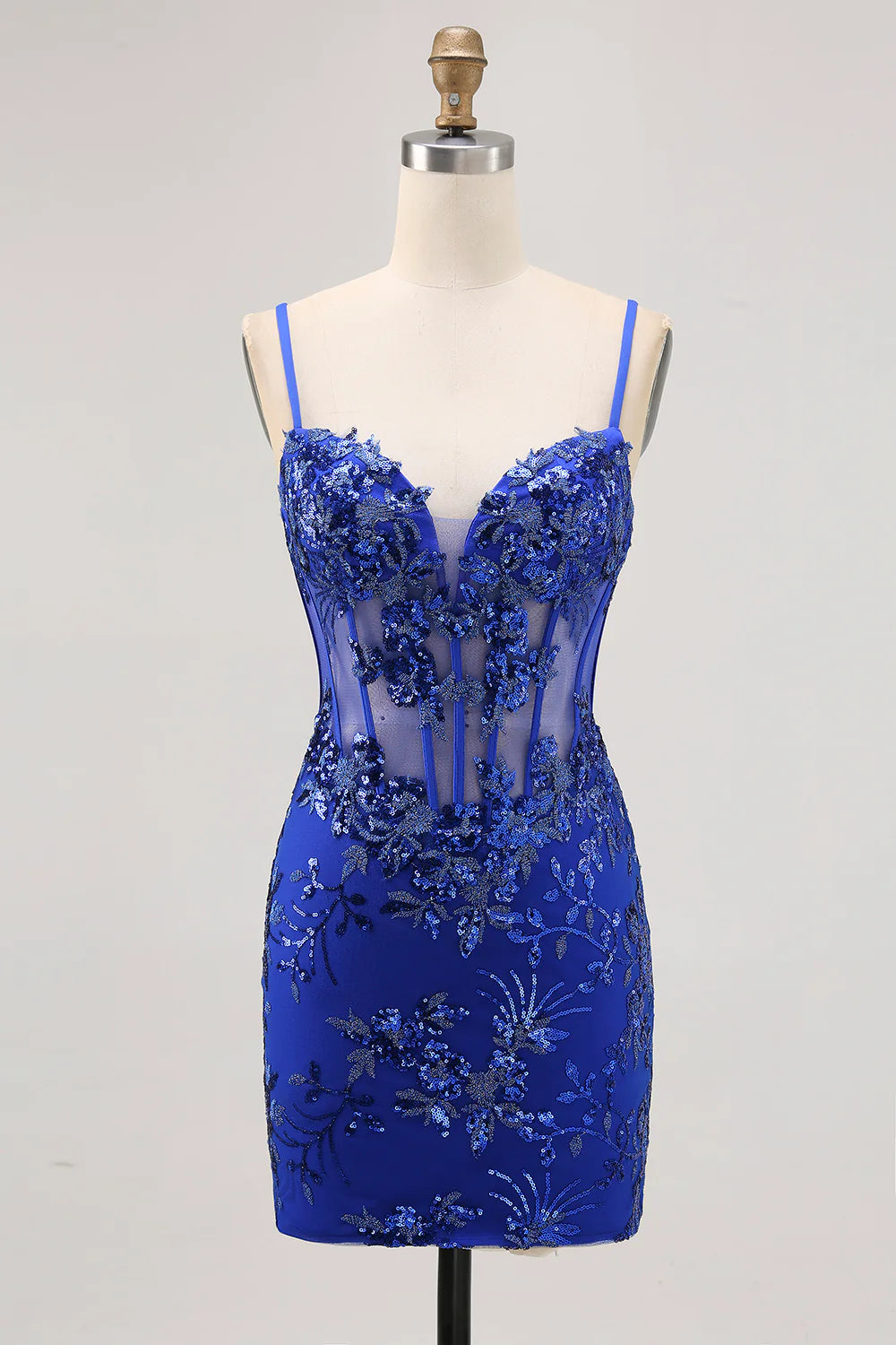 Sparkly Black Spaghetti Straps Sequins Sheer Corset Tight Homecoming Dress