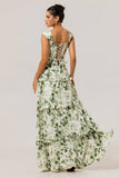Green Flower A Line Corset Tiered Maxi Dress with Lace Up Back