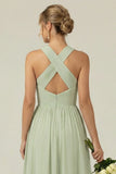 Dusty Sage A Line Halter Chiffon Long Bridesmaid Dress