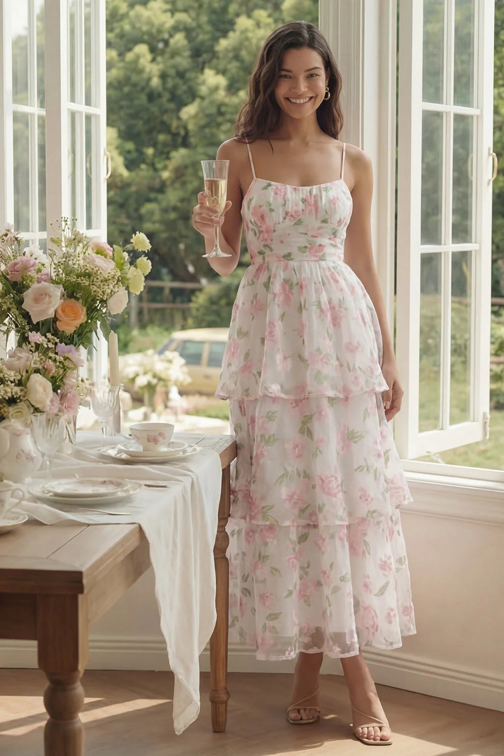Tiered Corset A Line Floral Yellow Wedding Guest Dress