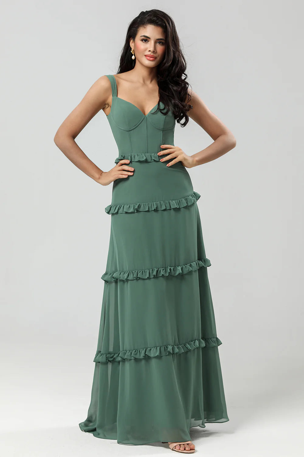 Elegant Eucalyptus A Line Spaghetti Straps Chiffon Long Bridesmaid Dress