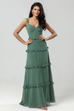 Elegant Eucalyptus A Line Spaghetti Straps Chiffon Long Bridesmaid Dress