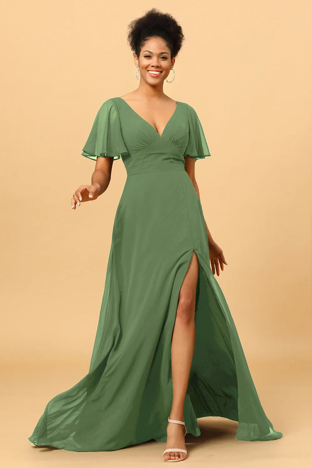 A Line V Neck Long Chiffon Bridesmaid Dress with Slit