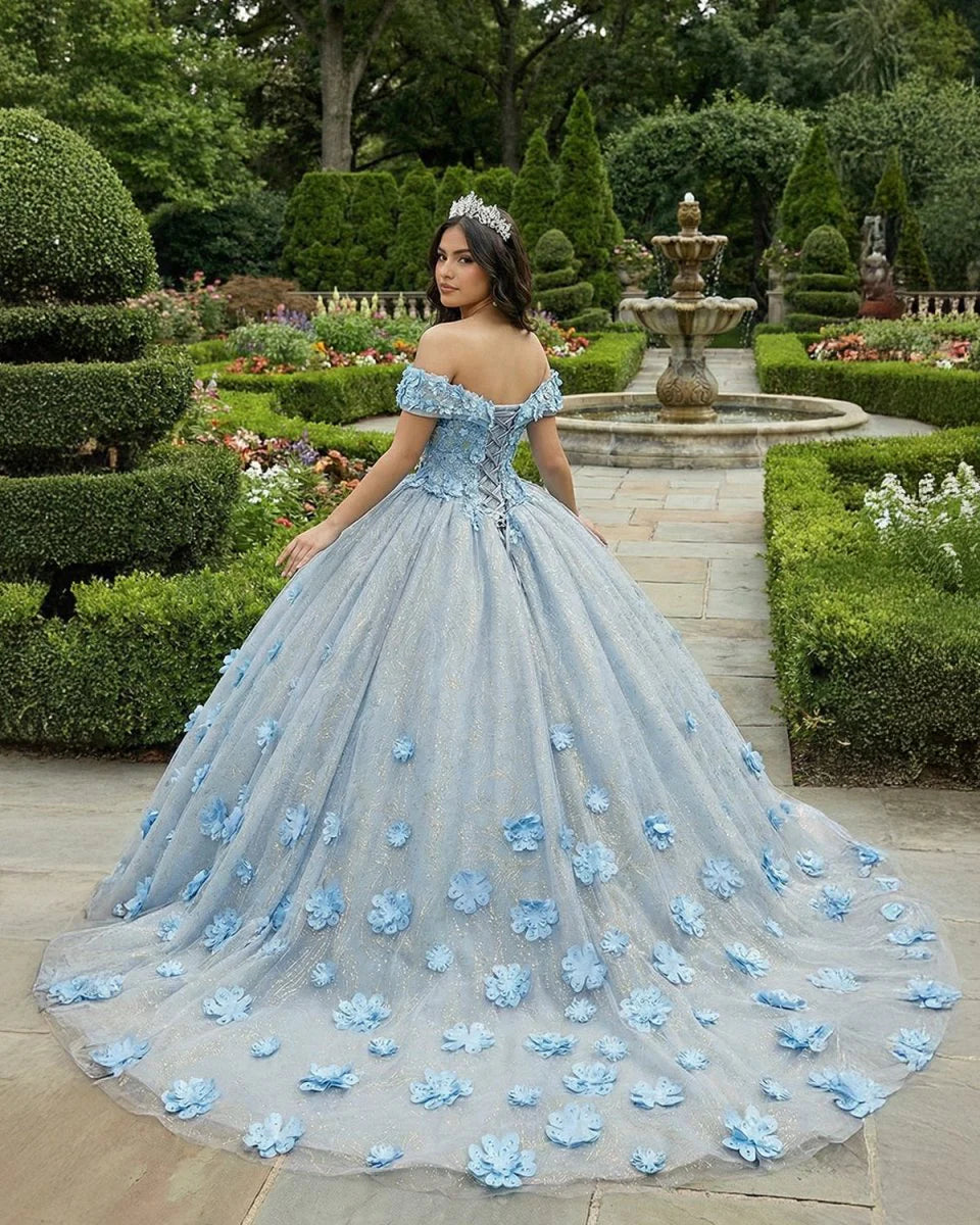 Quinceanera Blue Off the Shoulder Ball Gown Flower Dress