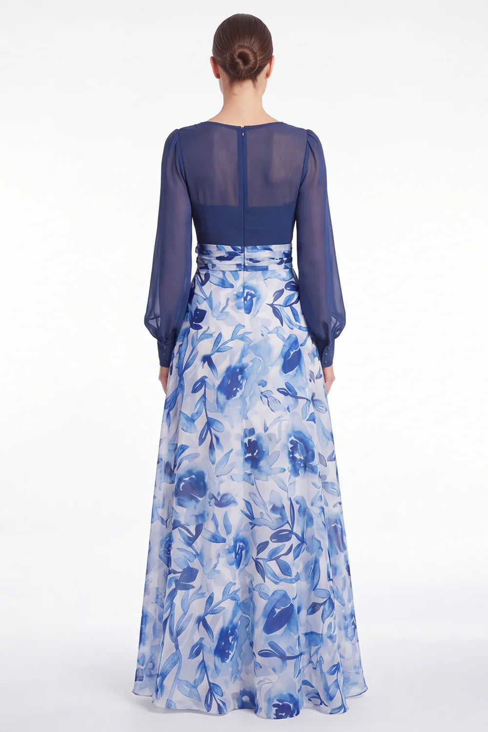A Line Blue Flower V Neck Mother of the Bride Dress with Long Sleeves