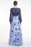 A Line Blue Flower V Neck Mother of the Bride Dress with Long Sleeves