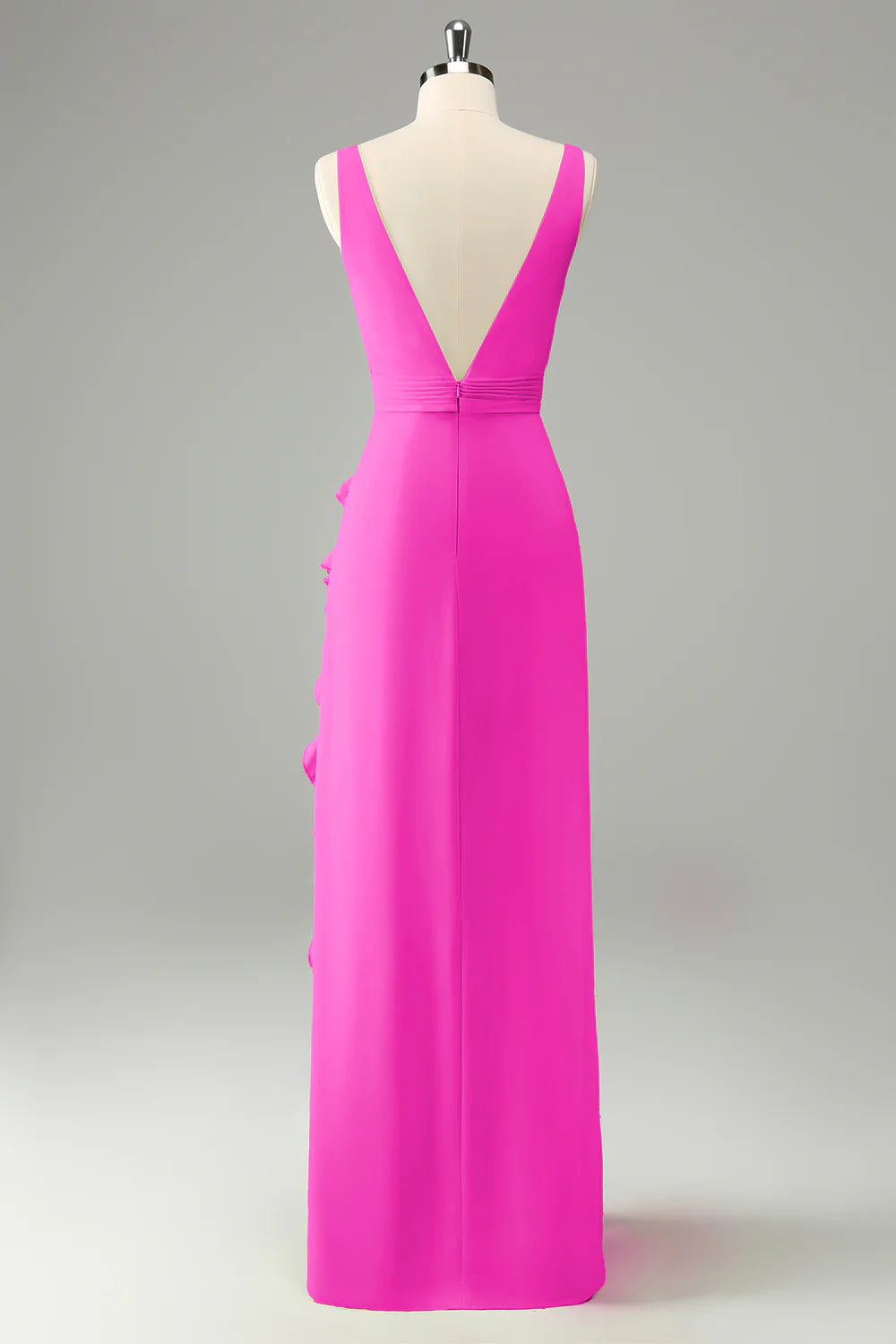 Lime A Line V Neck Floral Ruffle Open Back Bridesmaid Dress with Slit