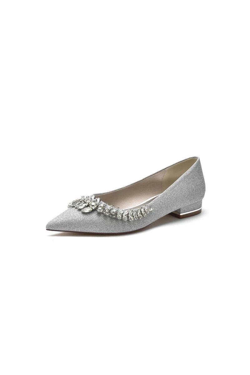 Glitter Pointed Toe Rhinestone Slip on Low Heels