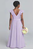Lilac V Neck A Line Junior Bridesmaid Dress with Bow