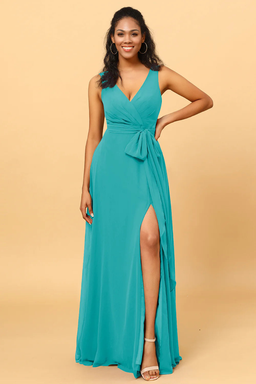 A Line V Neck Sleeveless Long Chiffon Bridesmaid Dress with Slit