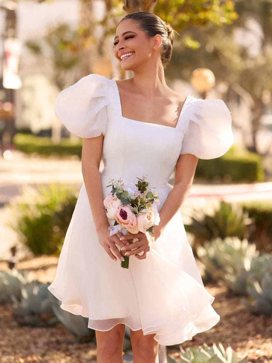 A Line Square Neck Short Wedding Dress With Puffy Pearls Sleeves