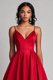 Black A Line Satin Spaghetti Straps Formal Dress