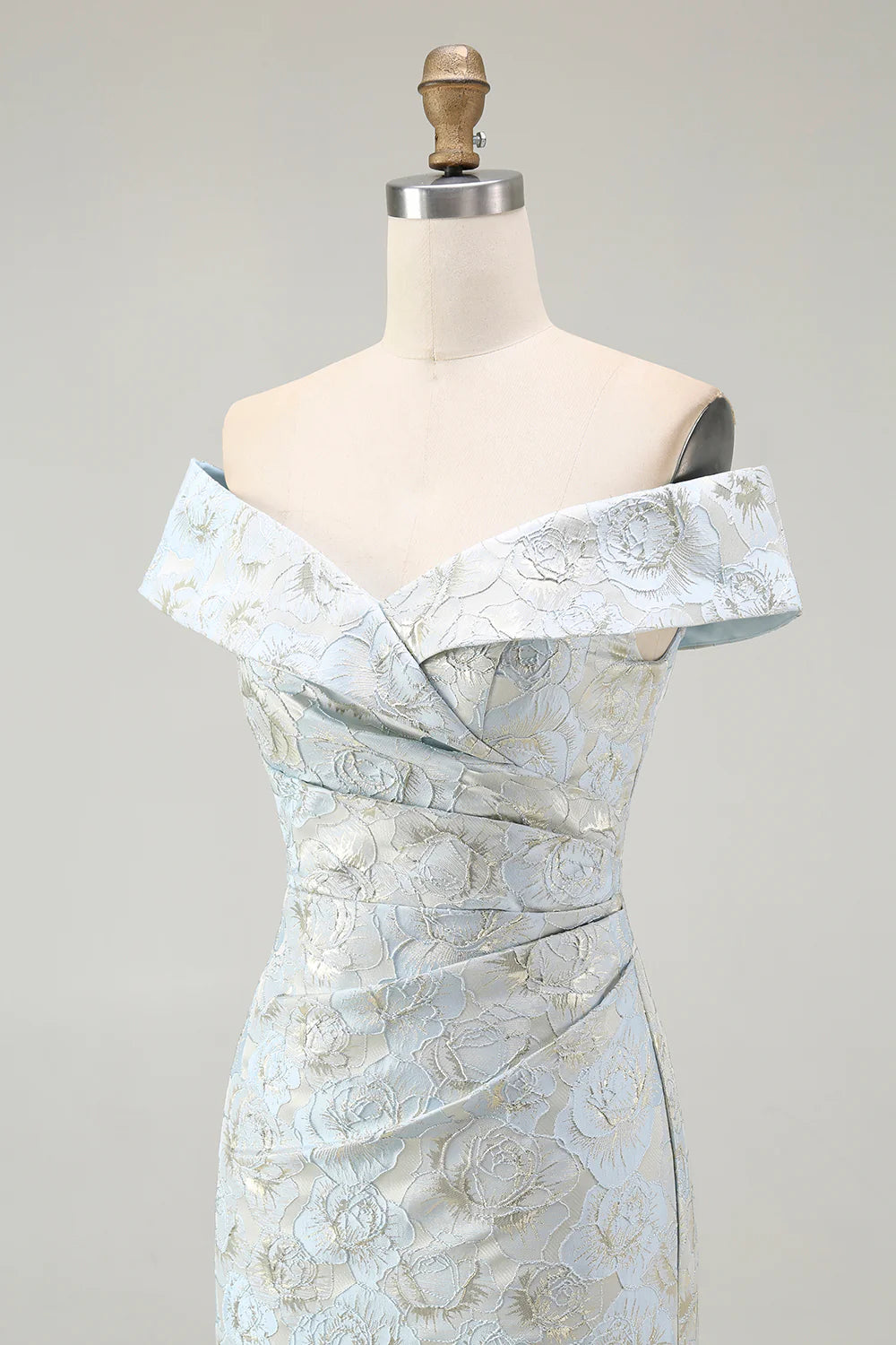Light Blue Sheath Off The Shoulder Floral Jacquard Formal Dress