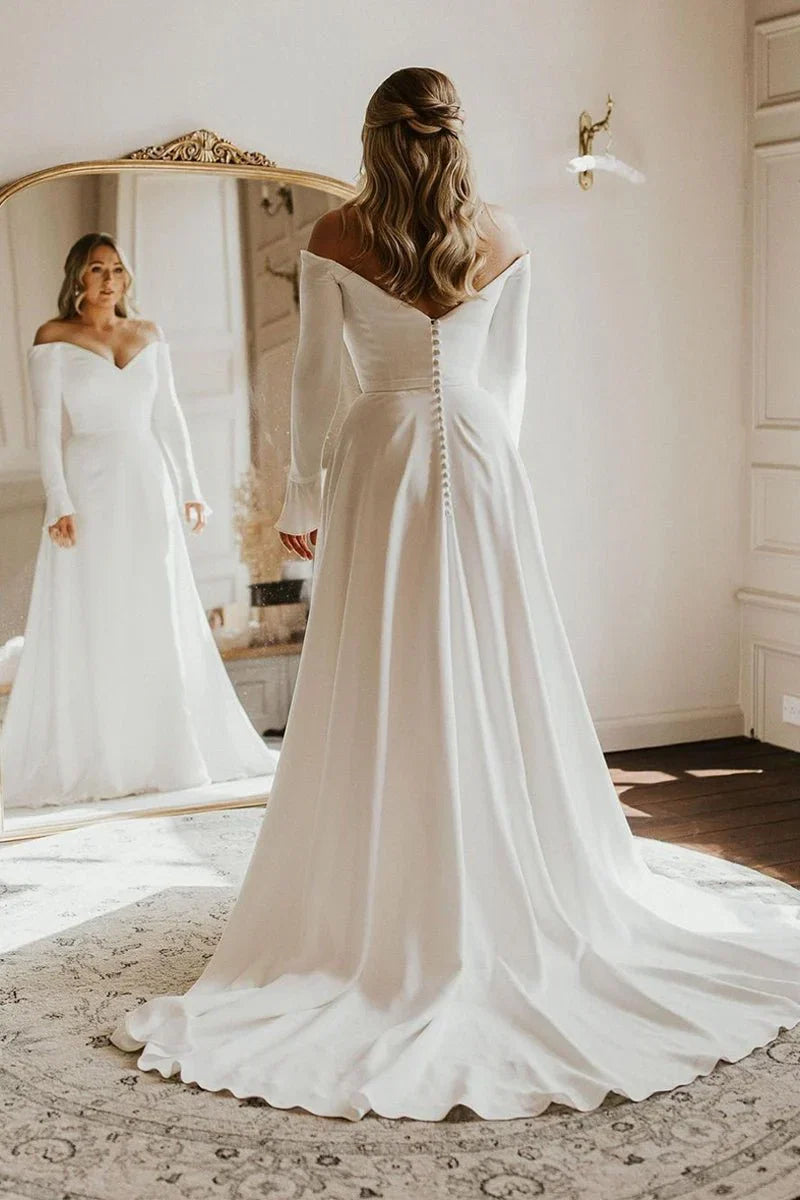 Simple A Line Off the Shoulder Long Sleeves White Satin Wedding Dresses