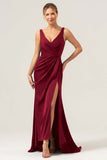 Burgundy Mermaid V Neck Ruched High Low Long Satin Bridesmaid Dress with Slit
