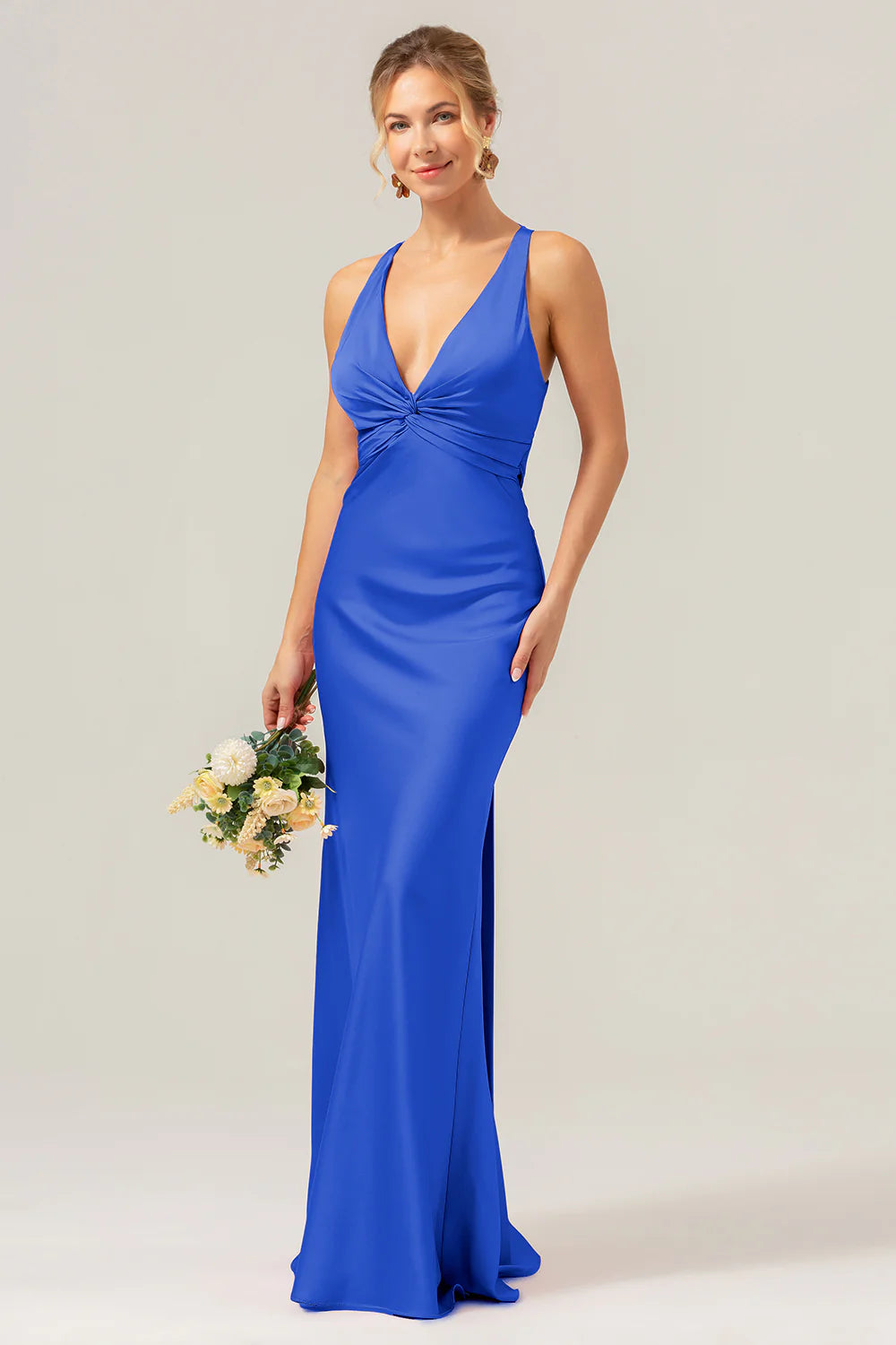 Pink Mermaid Deep V Neck Ruched Long Bridesmaid Dress with Lace Up Back