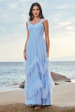 Grey Blue A Line Ruched Corset Long Bridesmaid Dress with Ruffles