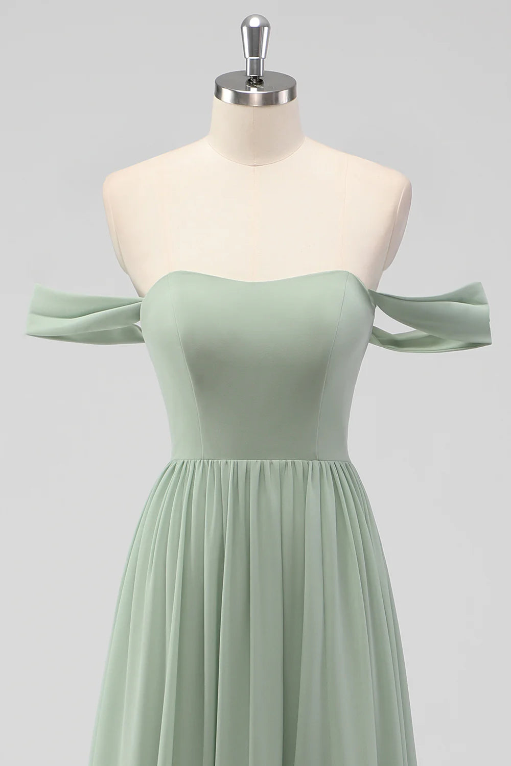 Sage Green A Line Off The Shoulder Ruched Chiffon Long Bridesmaid Dress with Slit