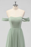 Sage Green A Line Off The Shoulder Ruched Chiffon Long Bridesmaid Dress with Slit