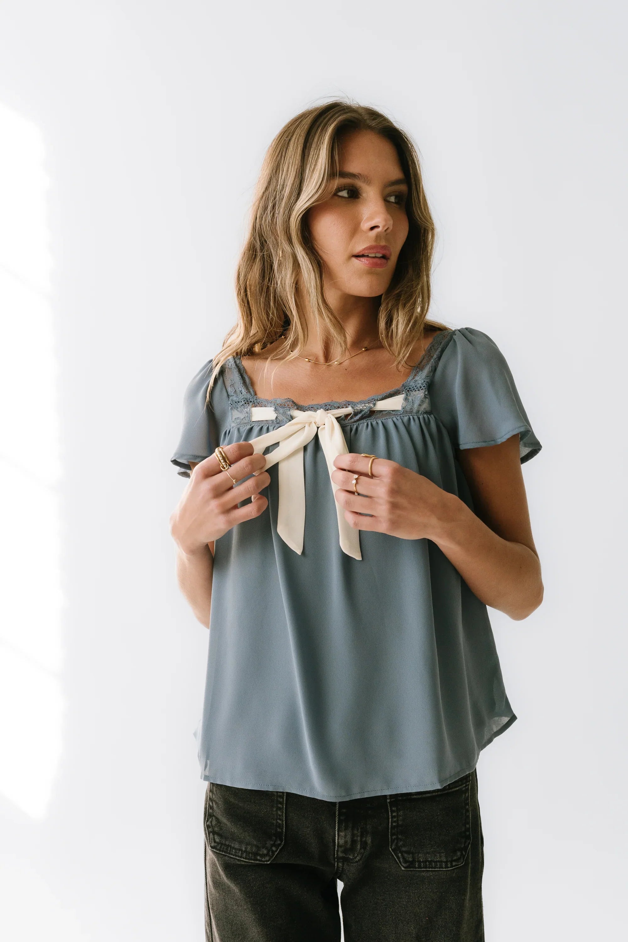 Gianna Lace Trim Blouse in Blue FINAL SALE