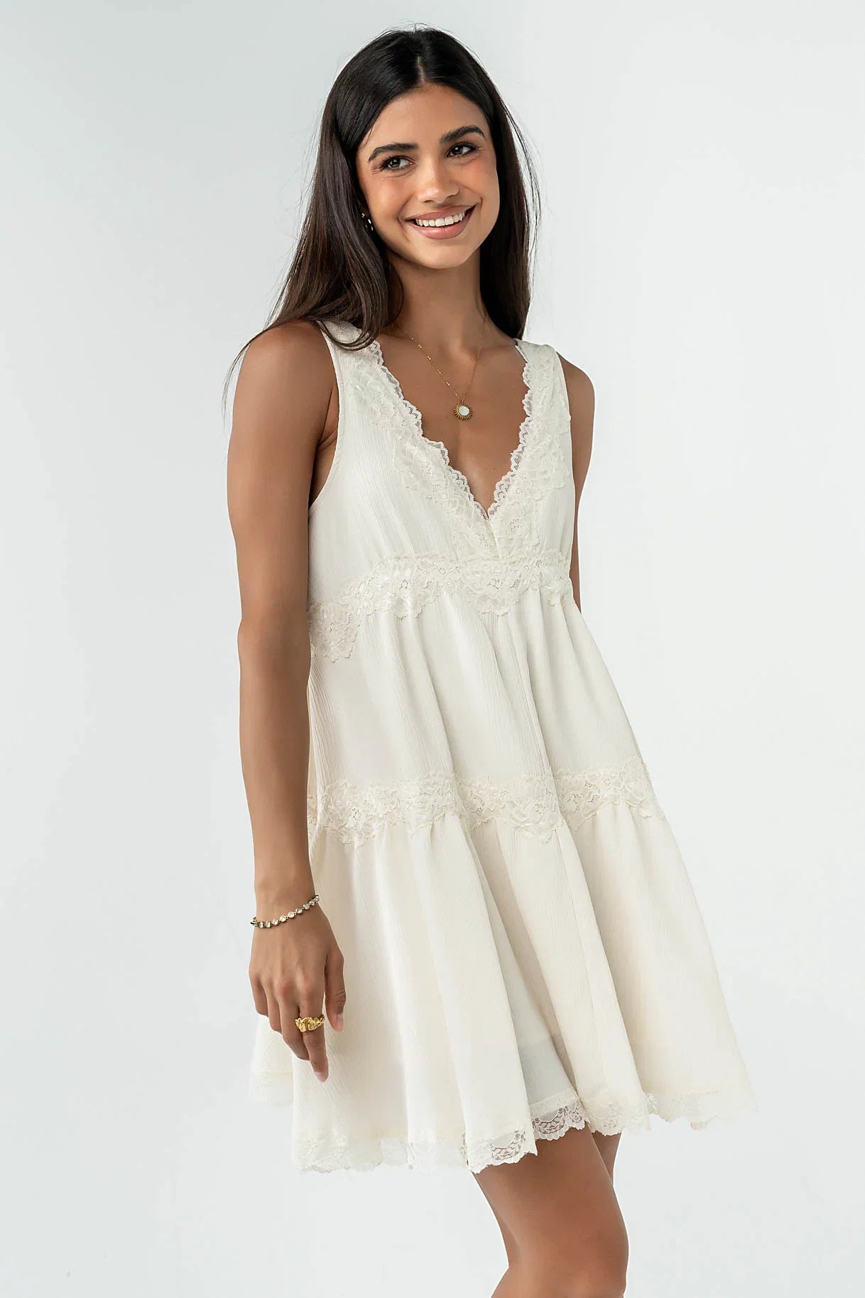 Quinny Lace Trim Mini Dress in Cream