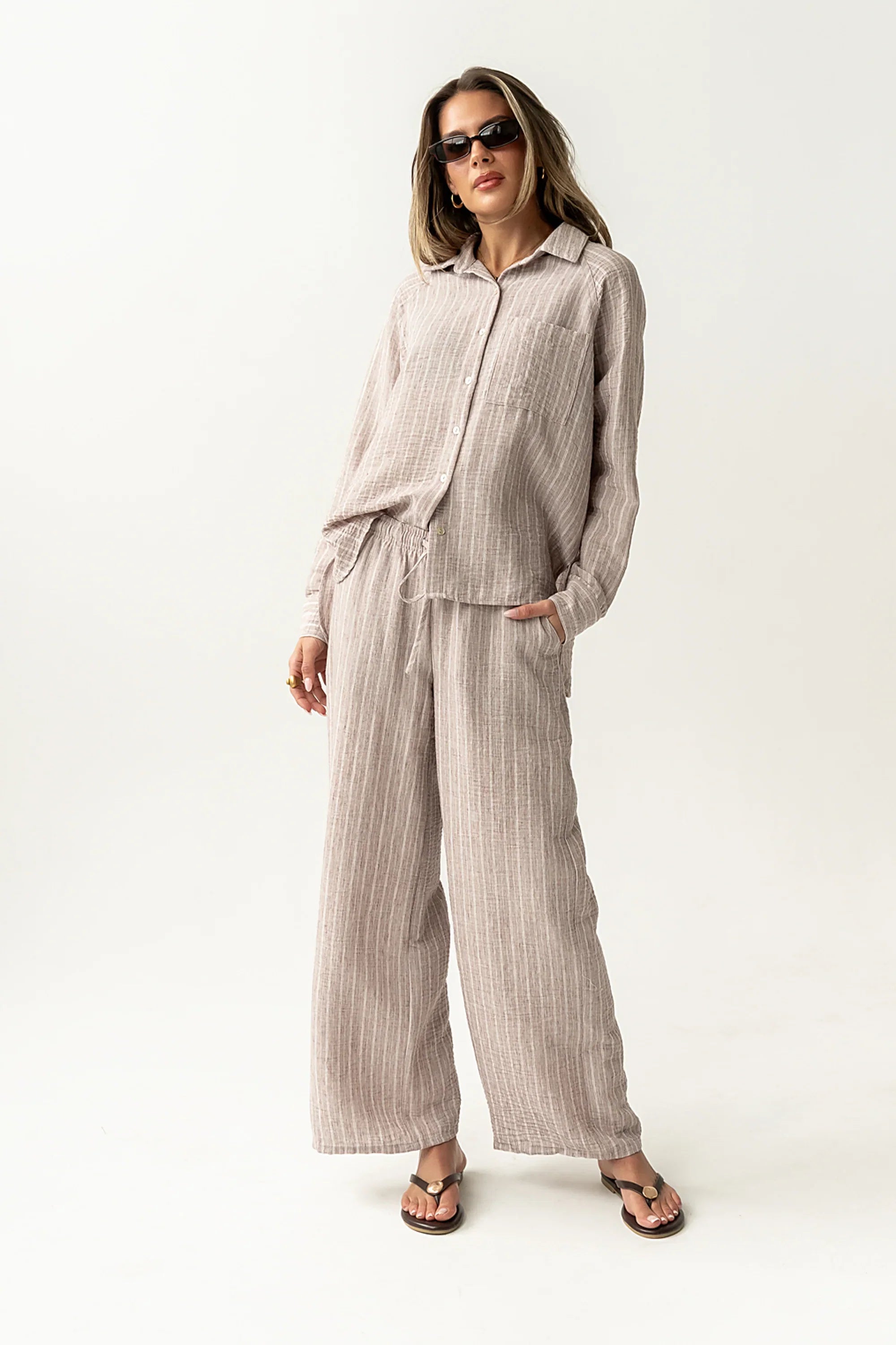 Conner Striped Button Down Top in Mocha