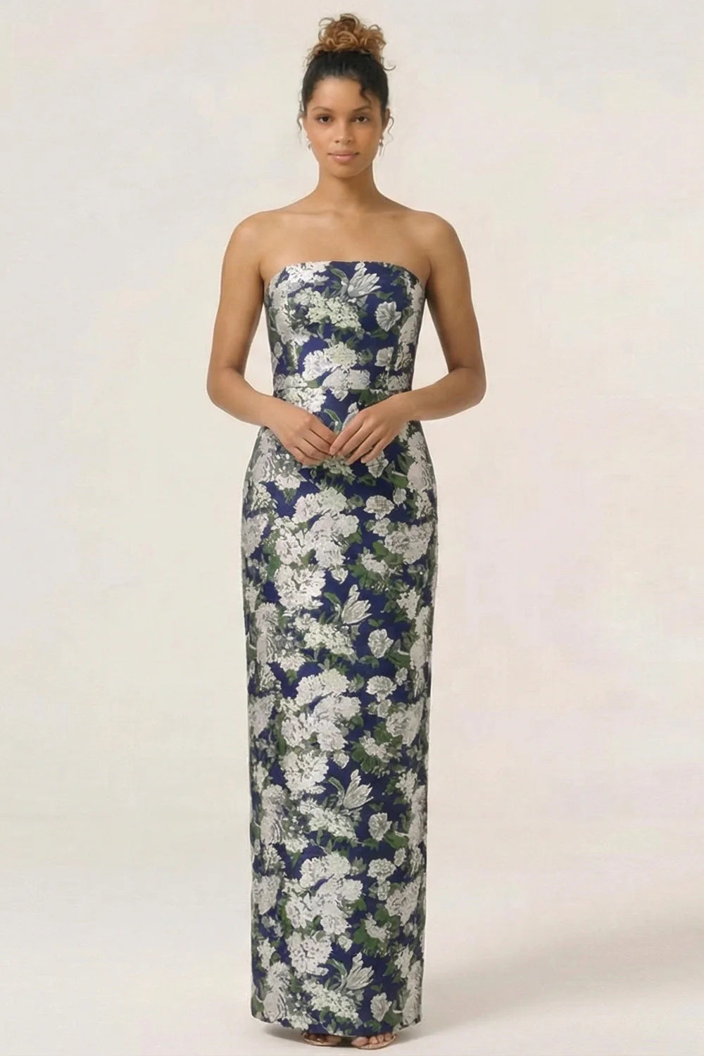 Blue Sheath Strapless White Floral Back Slit Satin Maxi Dress with Pockets