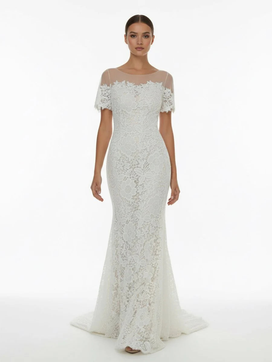 Mermaid Scoop Illusion Neck Floral Wedding Dress