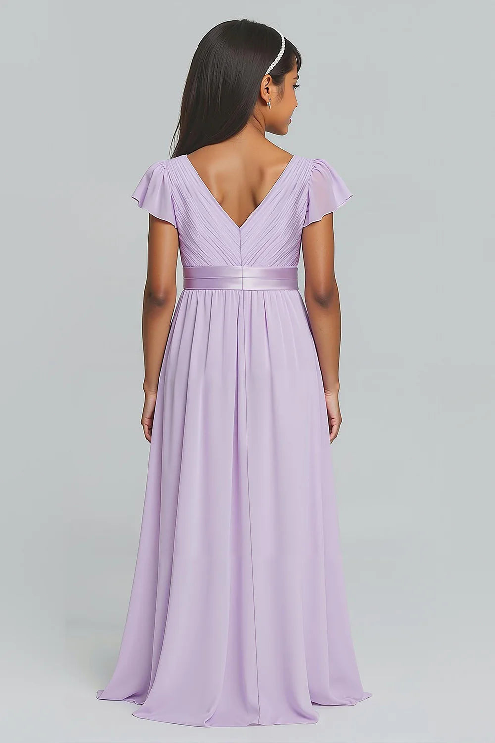 Lilac A Line V Neck Pleated Junior Bridesmaid Dress