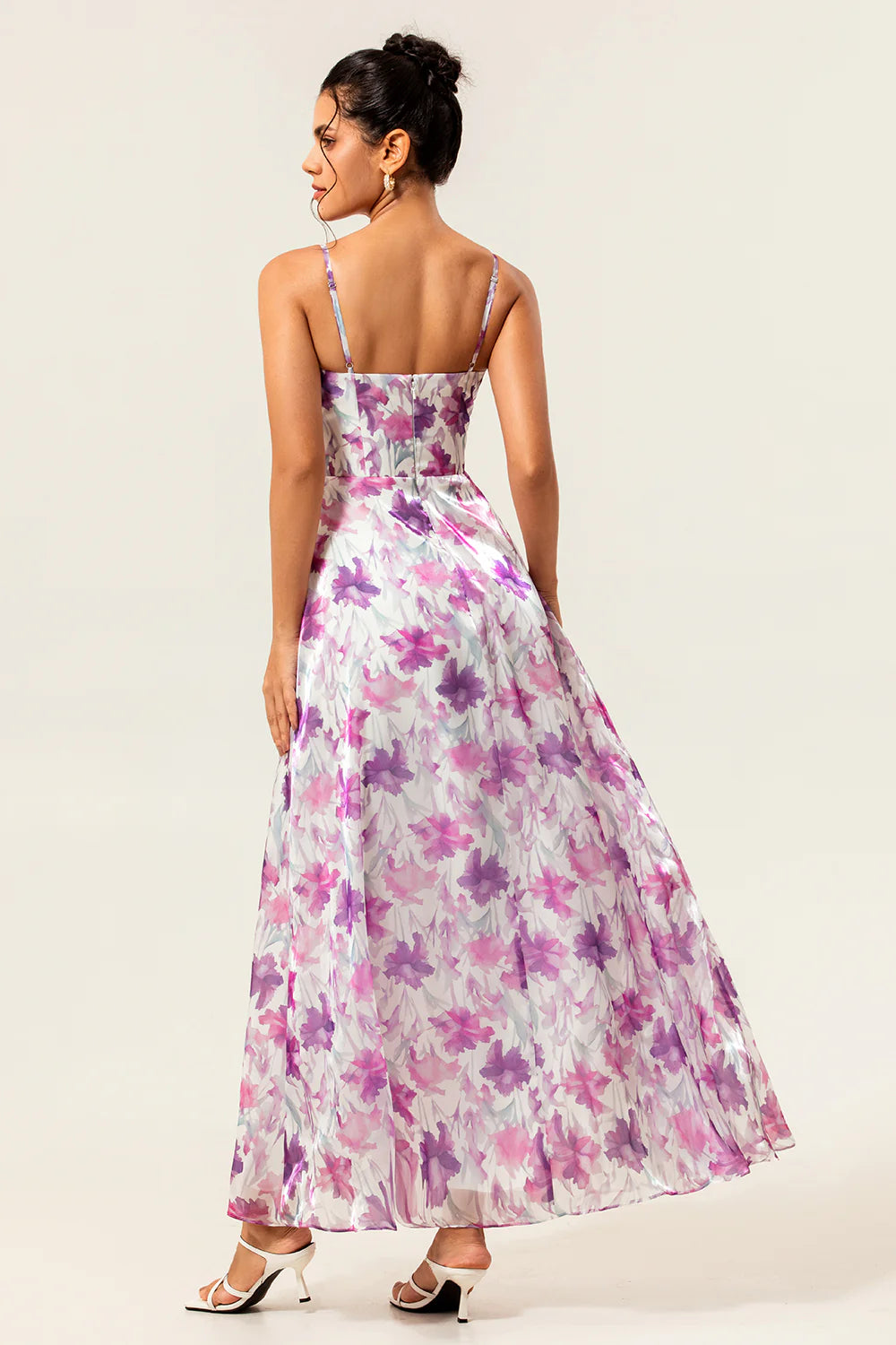 Purple Flower A Line Spaghetti Straps Front Knot Print Maxi Dress with Slit