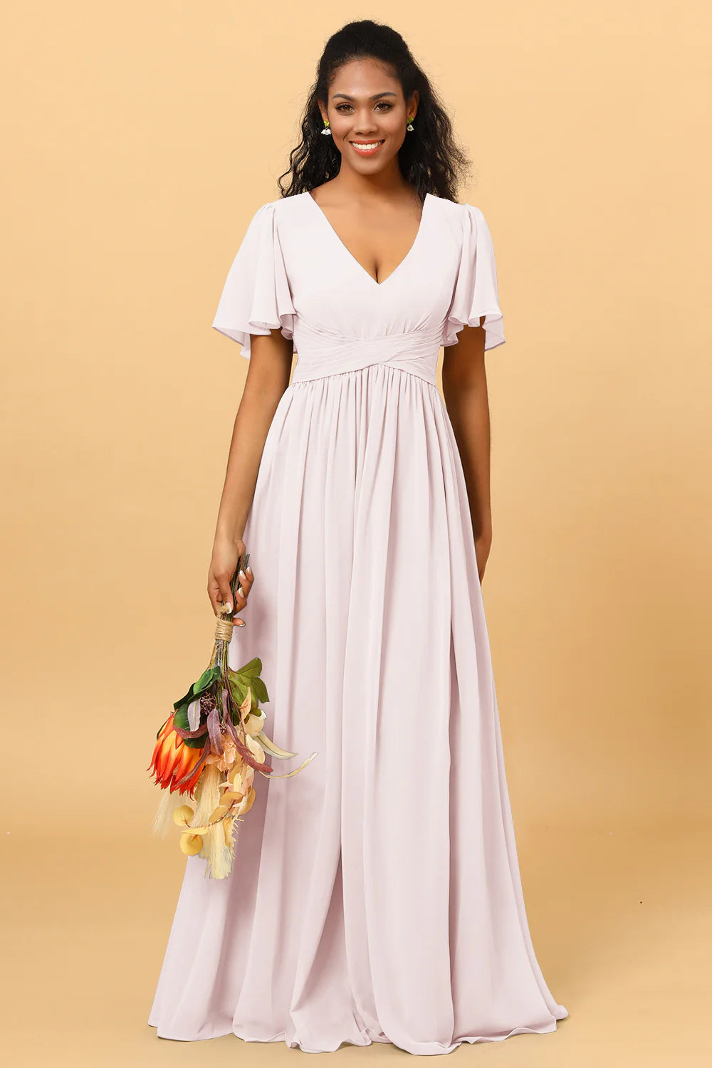 A Line V Neck Short Sleeves Chiffon Long Bridesmaid Dress