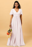 A Line V Neck Short Sleeves Chiffon Long Bridesmaid Dress