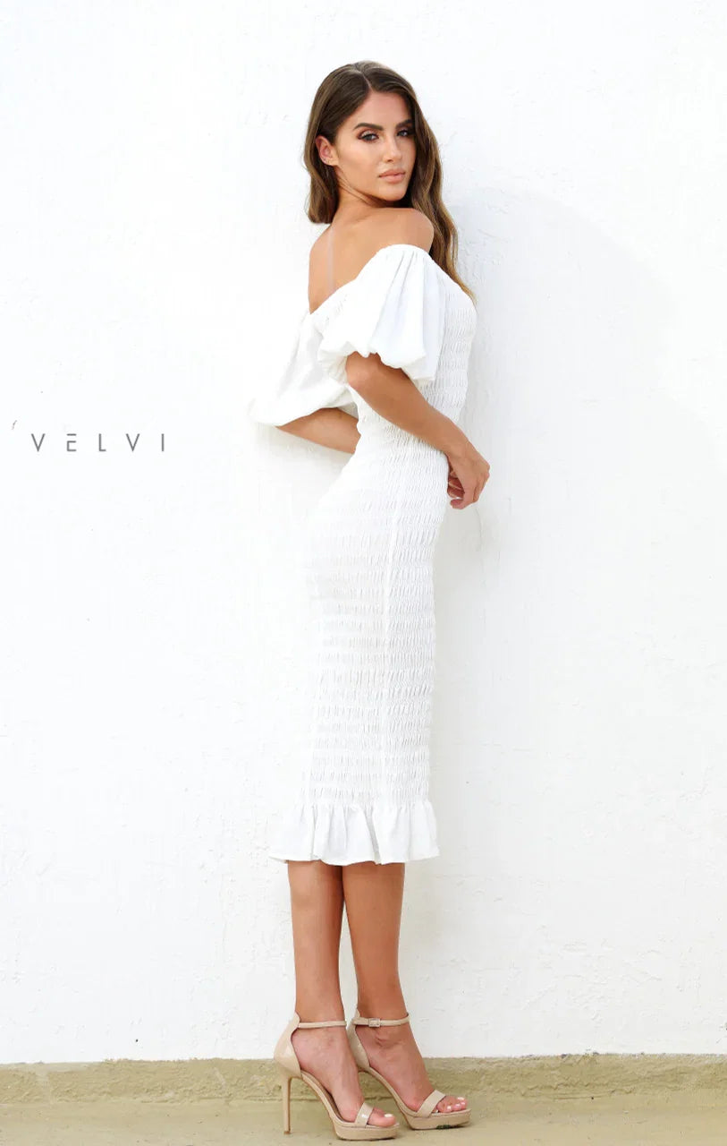 Skyla Shirred Midi Dress WHITE