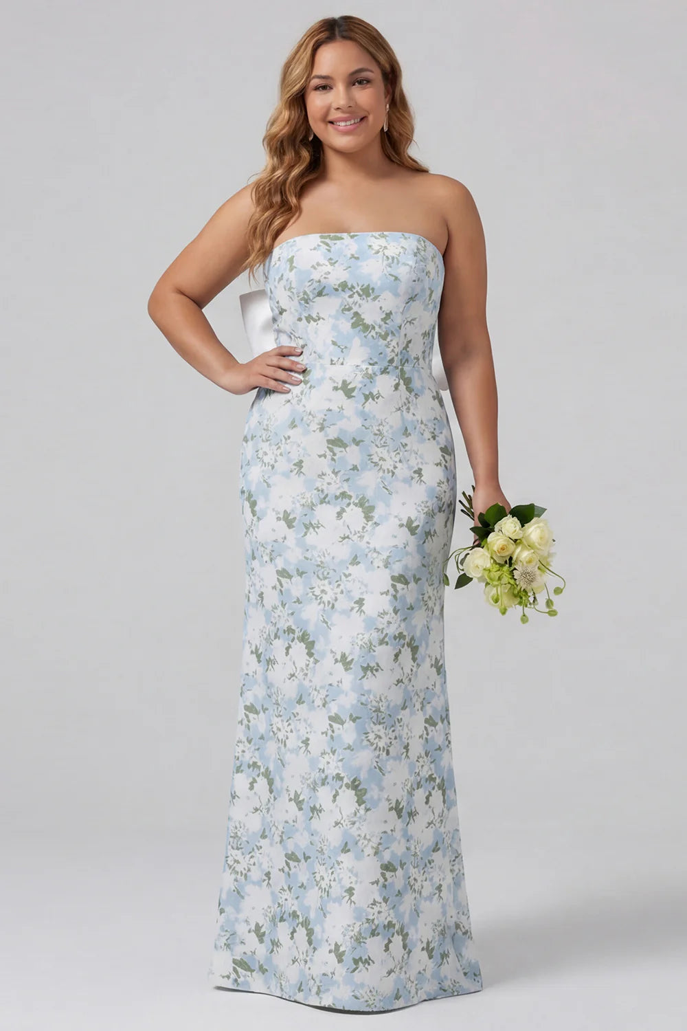 Blue White Flower Sheath Strapless Satin Long Plus Size Bridesmaid Dress with Back Bow