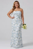 Sheath Strapless Blue White Flower Satin Long Bridesmaid Dress with Back Bow