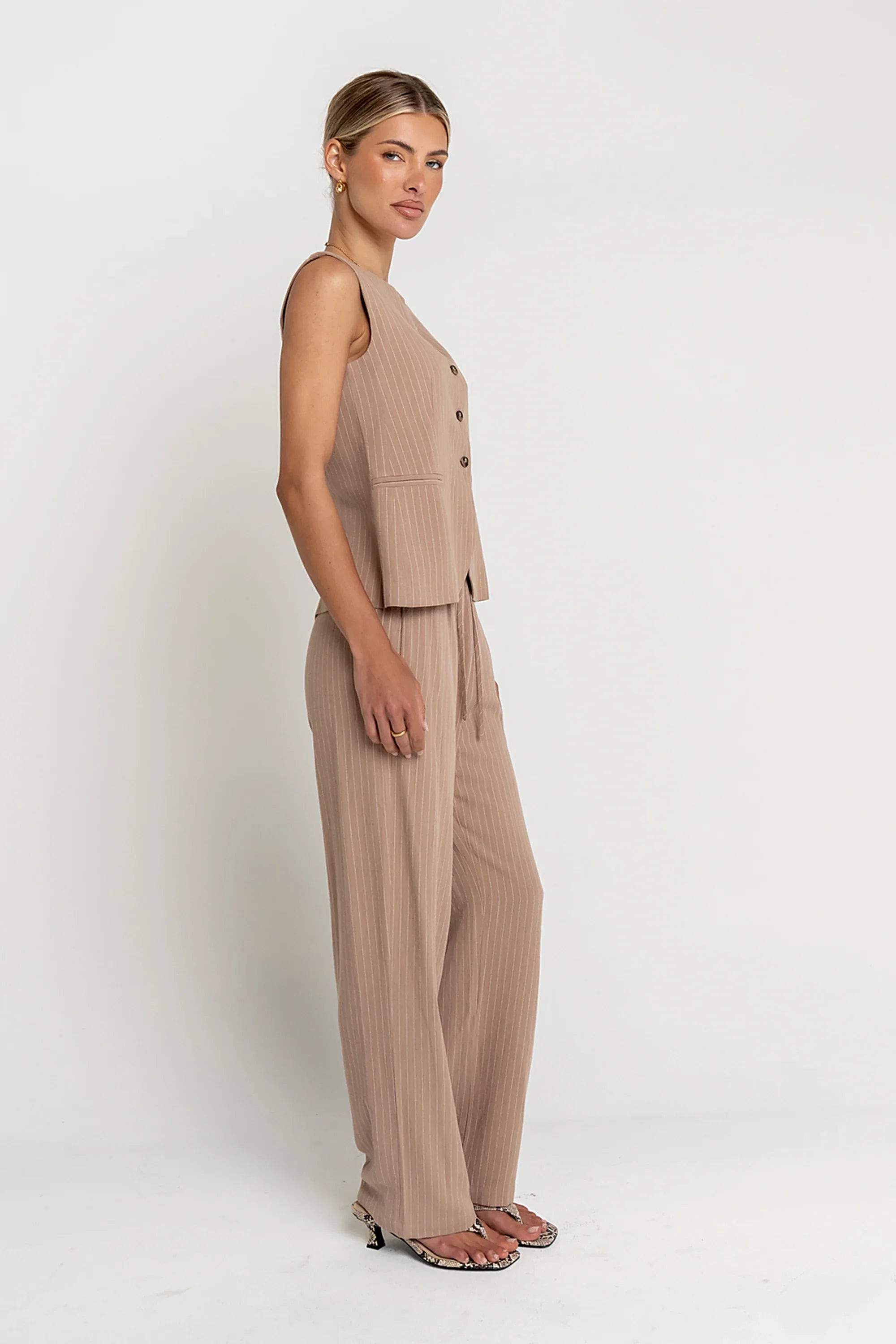 Vivienne Pinstripe Wide Leg Pants in Tan