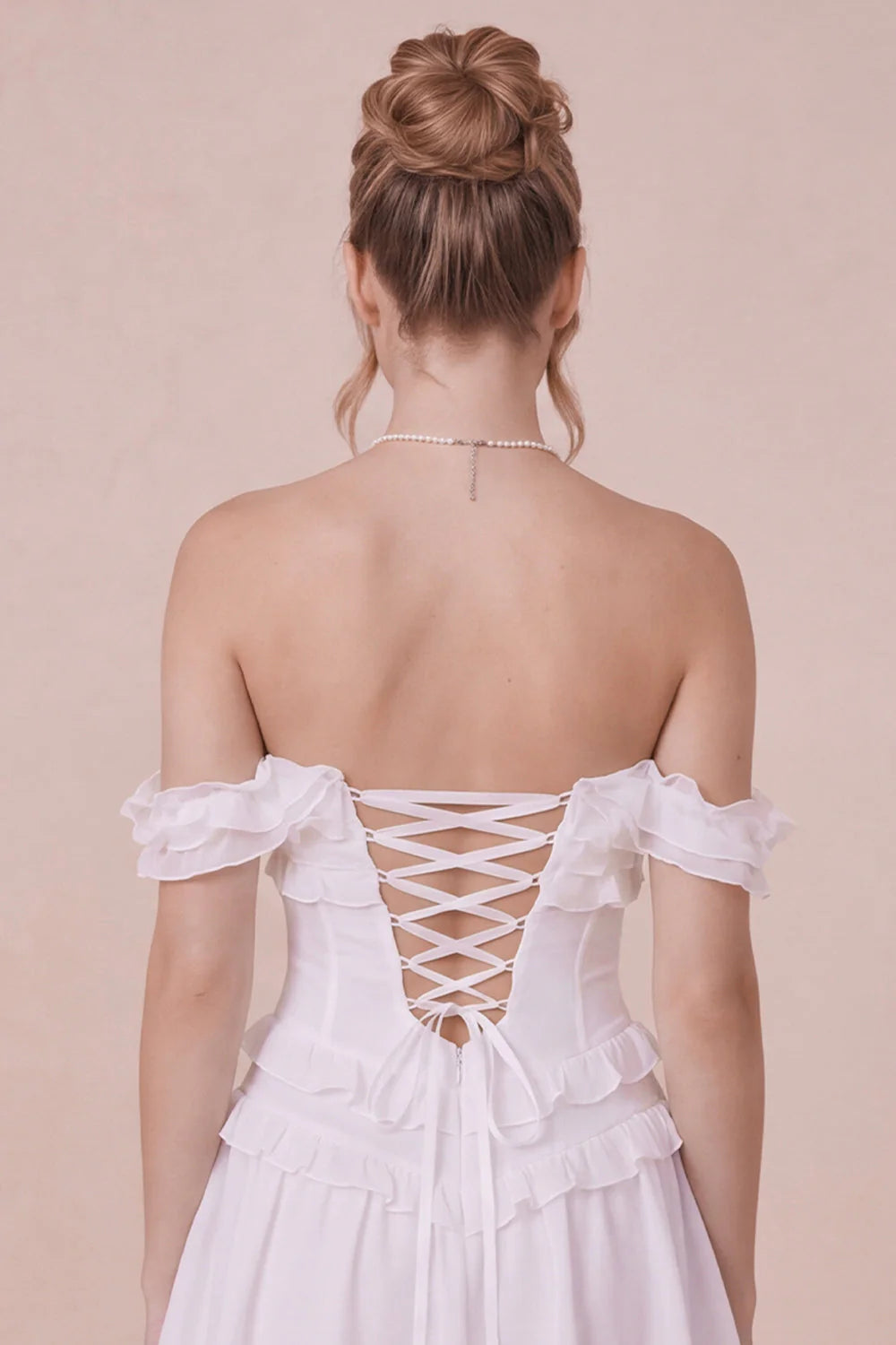 Off the Shoulder White Ruffled Corset Graduation Dress