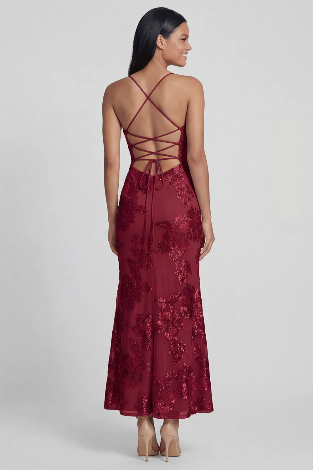 Sage Green Mermaid Floral Wedding Guest Dress with Lace up Back