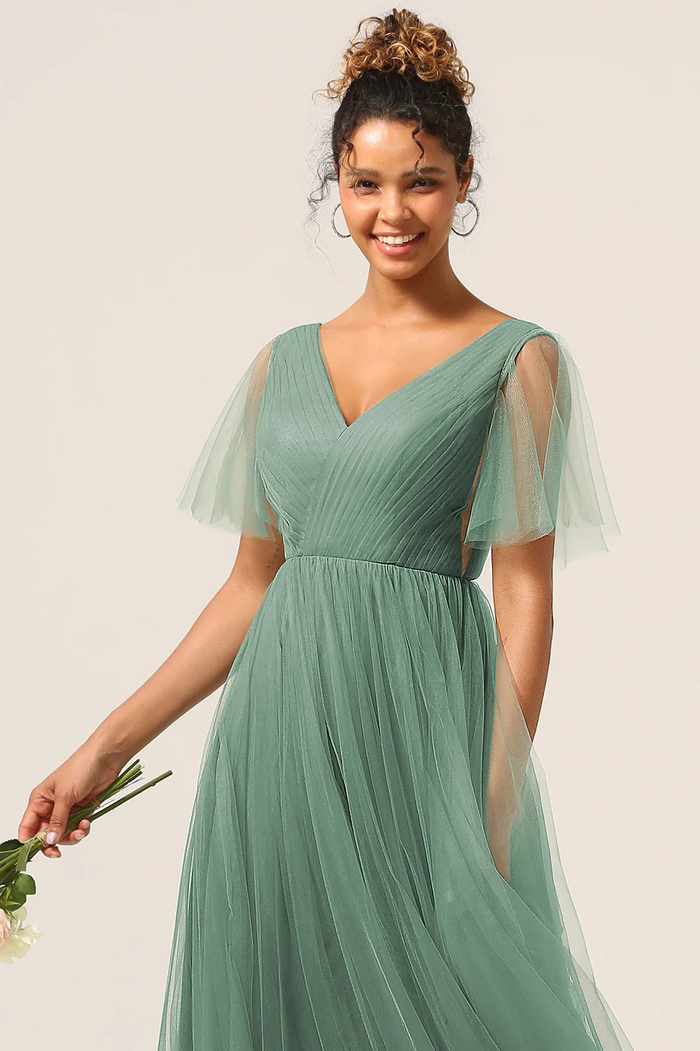 Eucalyptus A Line V Neck Open Back Floor Length Tulle Bridesmaid Dress