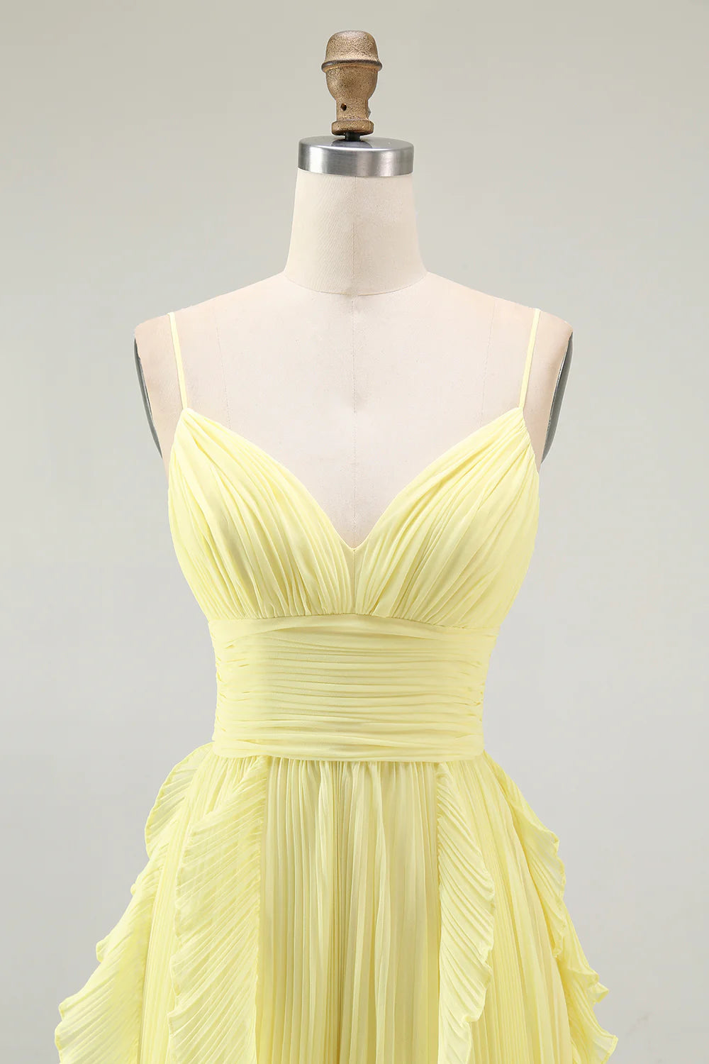 Sunshine Yellow A Line Spaghetti Straps Pleated Long Bridesmaid Dress