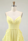 Sunshine Yellow A Line Spaghetti Straps Pleated Long Bridesmaid Dress