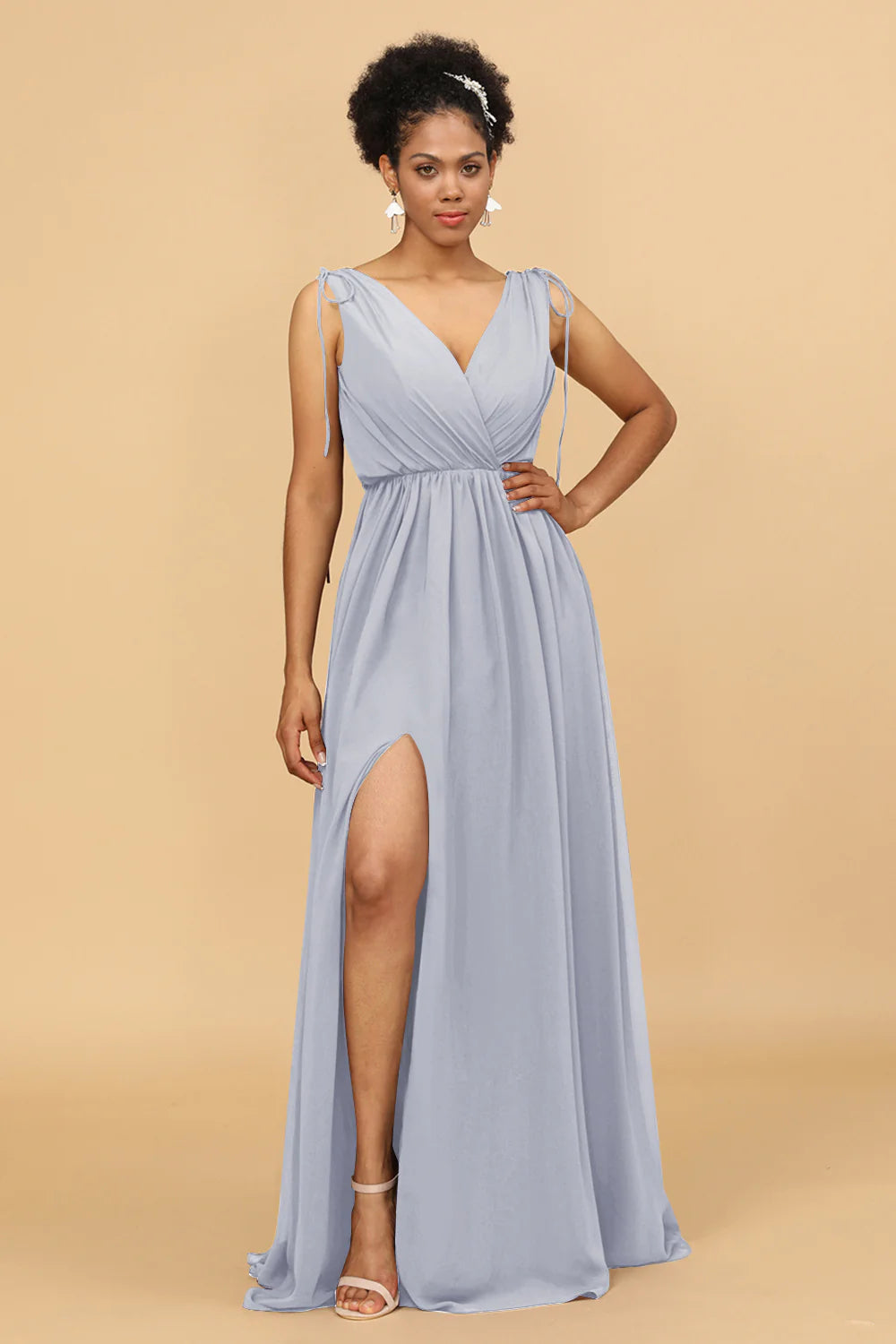 A Line Ruched V Neck Sleeveless Chiffon Bridesmaid Dress with Slit