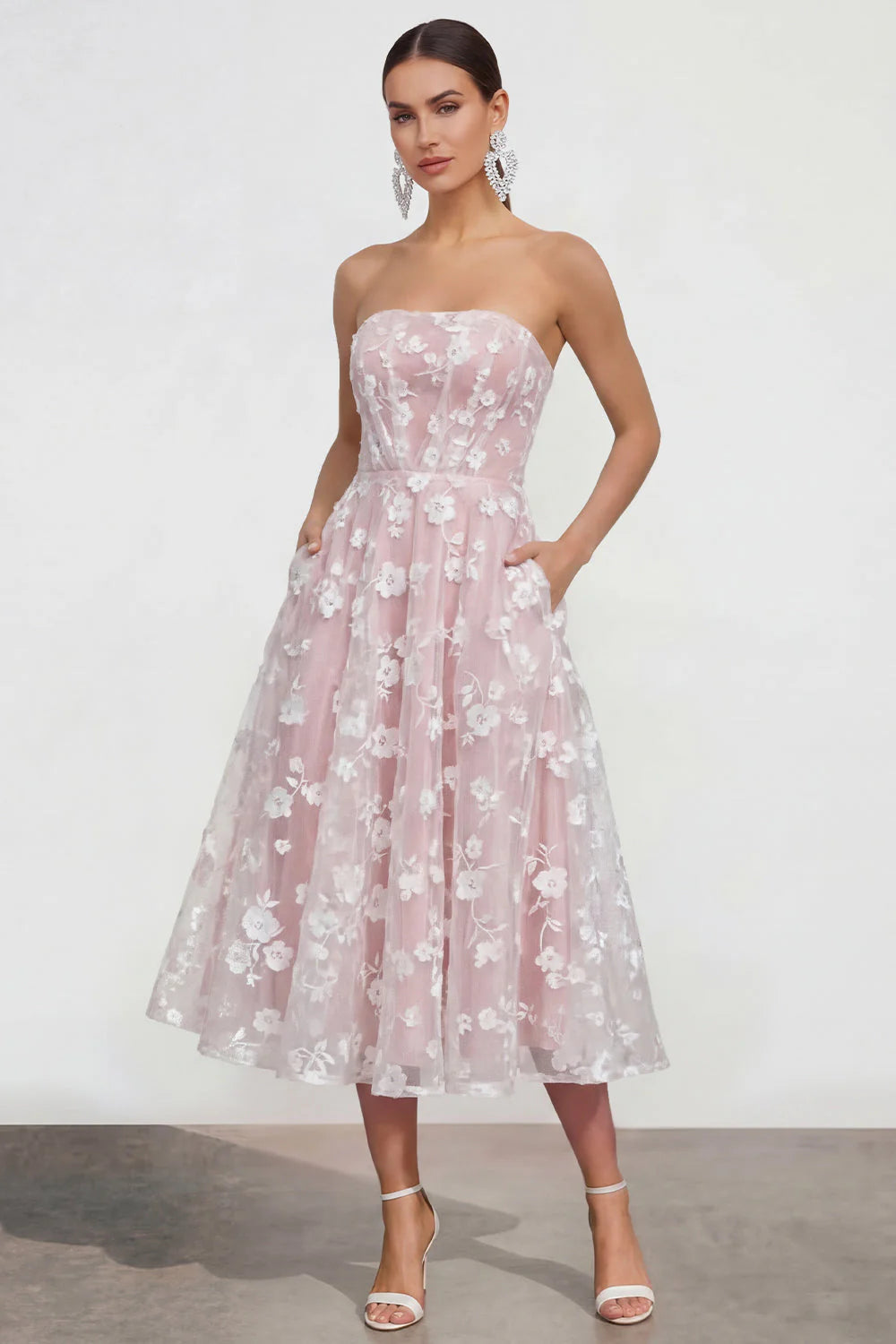 Strapless Floral Blue A Line Wedding Guest Dress