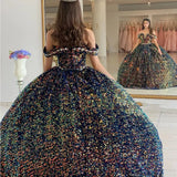 Sequined Ball Gown Off Shoulder Beaded Velvet Quinceanera Dresses